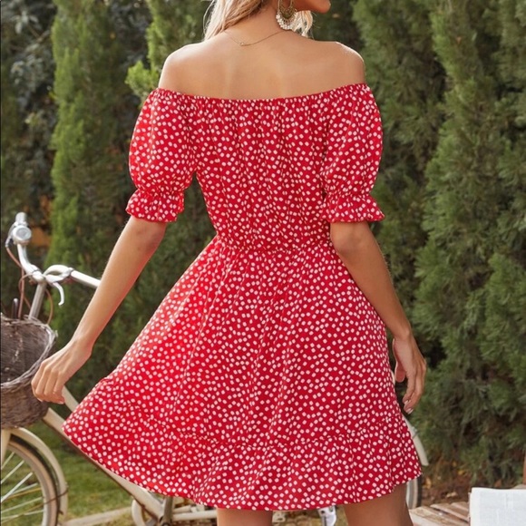 Polka dot off shoulder ruffle hem mini dress - Picture 2 of 7